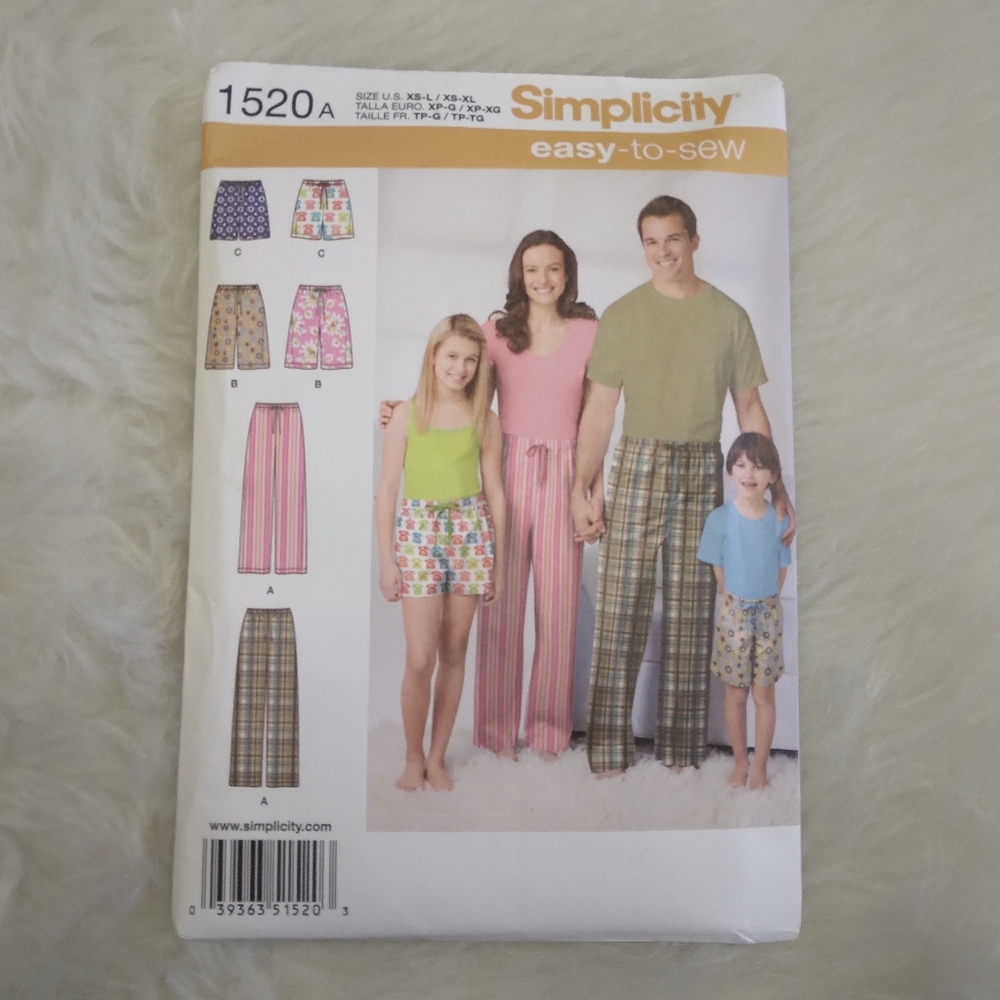 SIMPLICITY 1520A SZ XS-L/XS-XL Easy To Sew Child Teen Adult Lounge Pants & Short